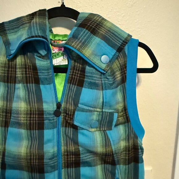 Burton Blue Checkered Plaid Vest Green Lining Zipper Closure & Snap Buttons Sz M - Picture 2 of 6